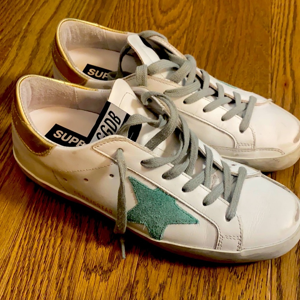 Golden Goose White Sneakers with Green Star and Gold Heel